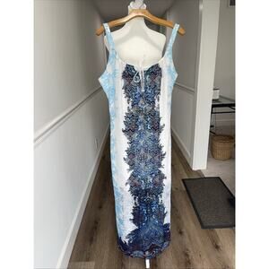 Crochet Maxi Sleeveless Dress Tank Overlay Lined Split Sides Blue Mermaid Sz 12